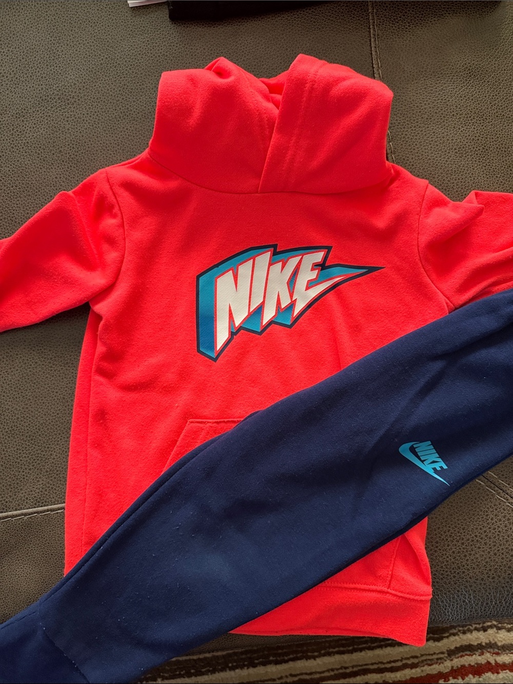 Nike Kids Red Pullover Hoodie with Navy Sleeve and Teal Logo - Picture 1 of 1